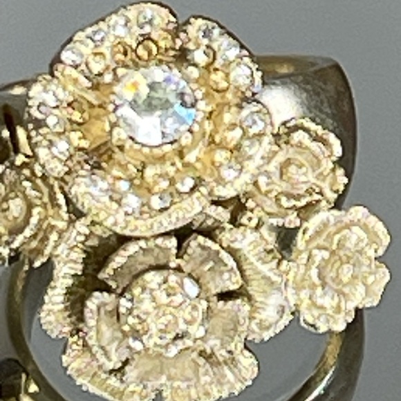 CHANEL Camellia CC Logo Rhinestone Gold Tone Ring Size 6 - Picture 3 of 14
